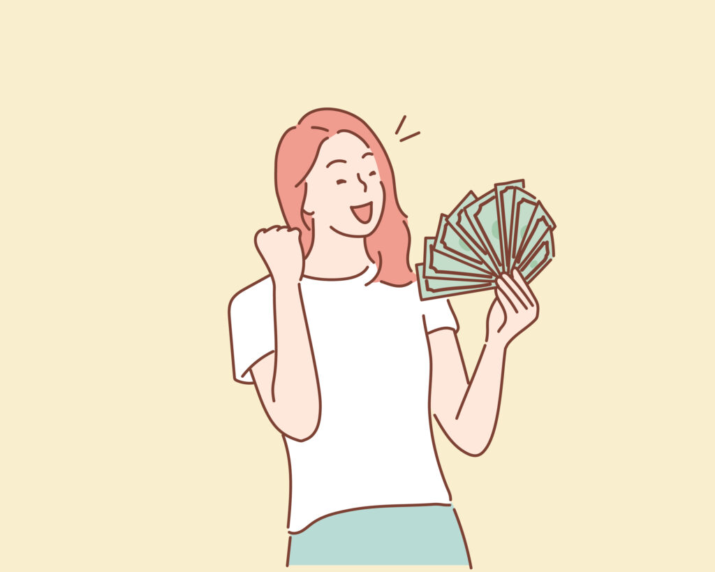 イラストの女性がお金で幸せそうに笑っている画像