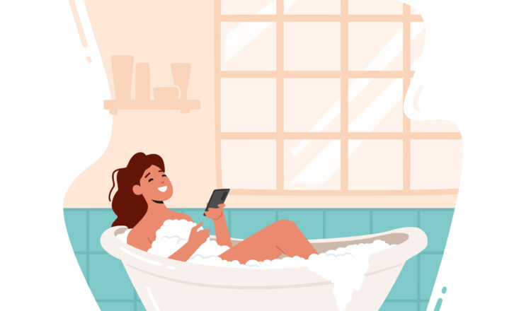 お風呂でスマホを見て、笑顔の女性のイラスト